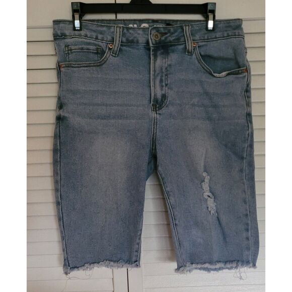 Women's Blue Jeans High Rise Cycling Shorts Capri Style Cut Off At Knee - Picture 1 of 3